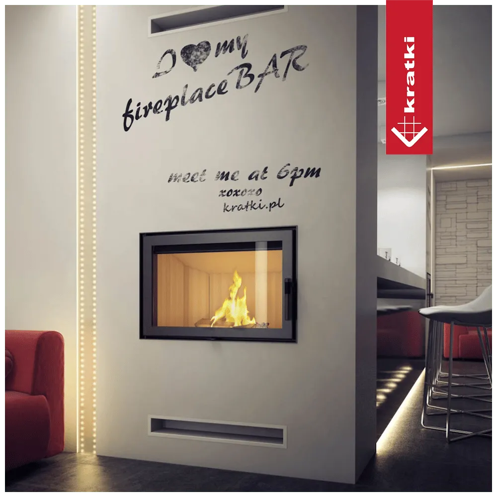 Kratki Zibi haard in moderne woonkamer met rode bank en bar met barkrukken.
