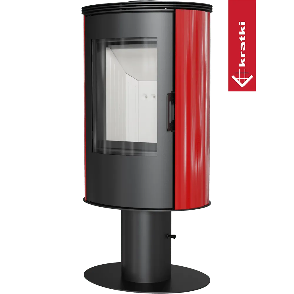 Kratki AB DR houtkachel met zwart en rood design, grote glazen deur en ronde voet.