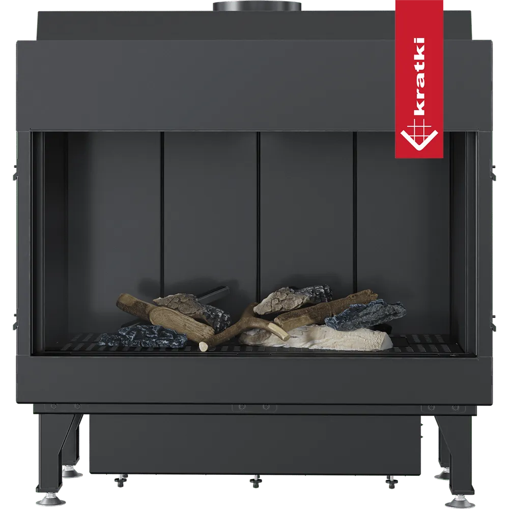 Kratki Leo 70 inbouwhaard met realistische houtblokken en moderne, strakke afwerking.
