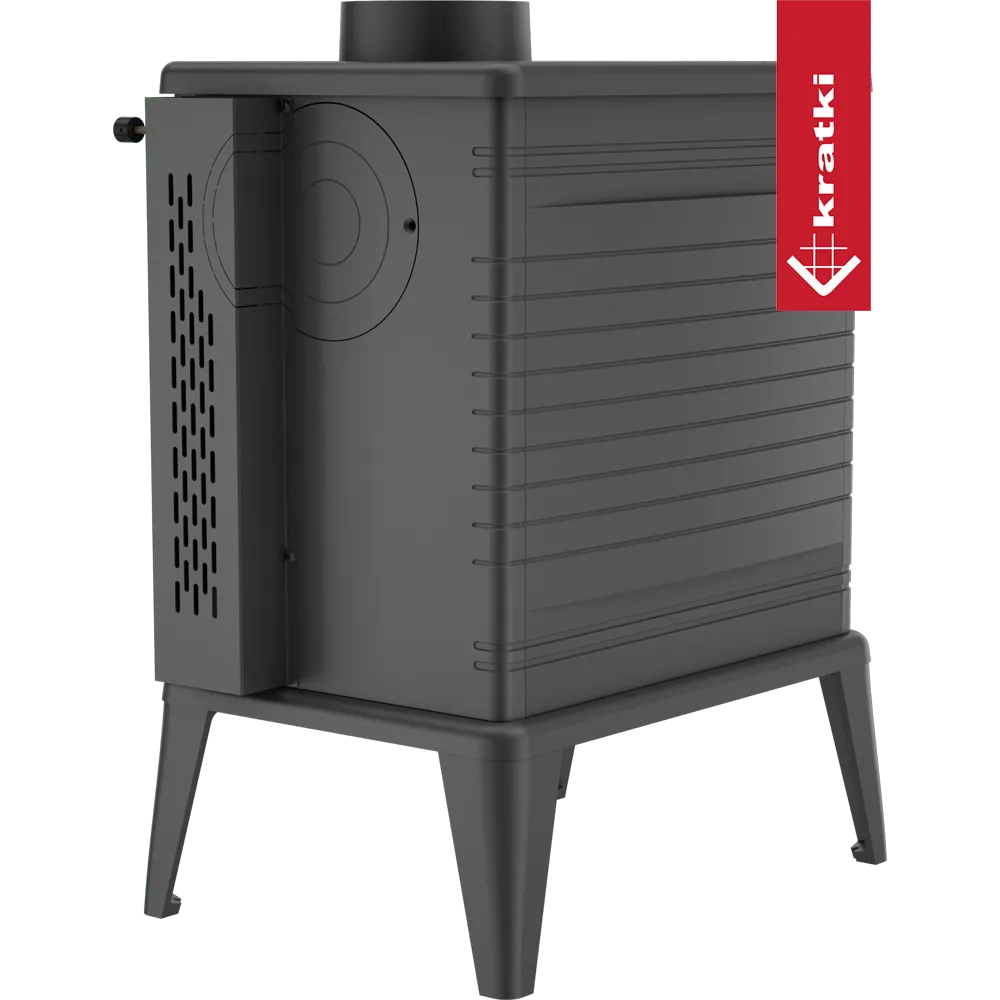 Zwarte Kratki K10 houtkachel met vier poten en een strak, modern ontwerp.