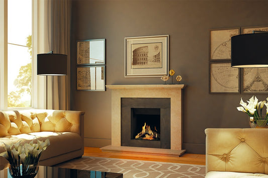 DRU Global 55XT BF in warme woonkamer met ingebouwde haard