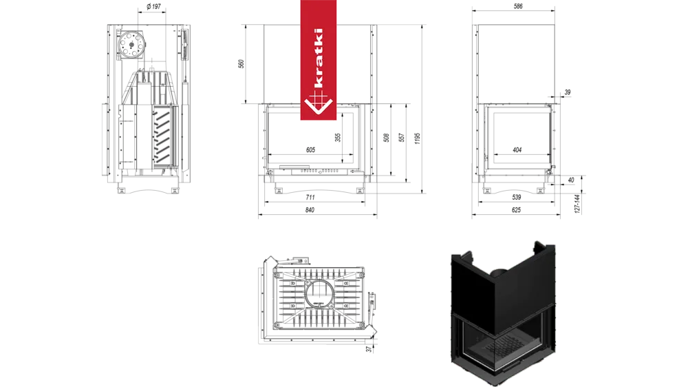 Technische tekening en 3D-weergave van Kratki Zuzia Links haard.