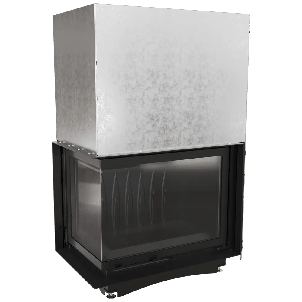 Kratki Amelia Links, moderne inbouwhaard met glazen deur en metalen behuizing.