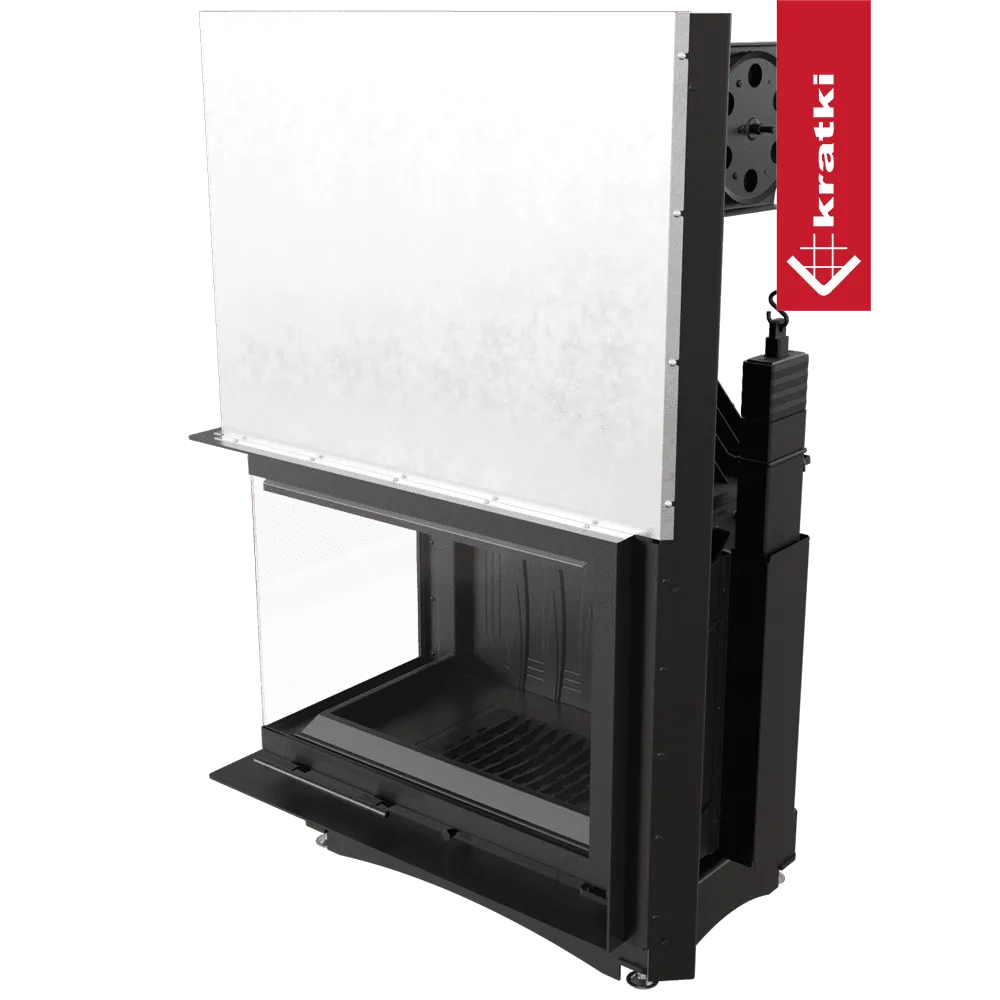 Kratki Amelia Links houtkachel met glazen deur en zwart metalen frame.