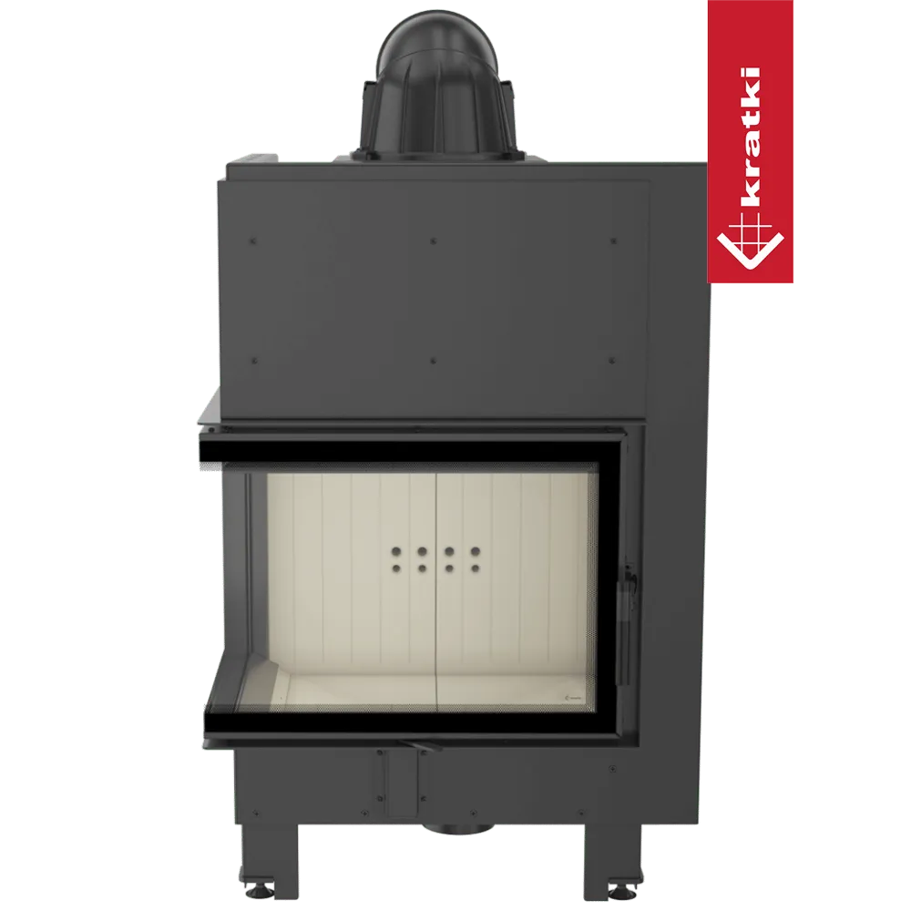 Kratki MBZ Links haard met glazen deur en zwart metalen frame.