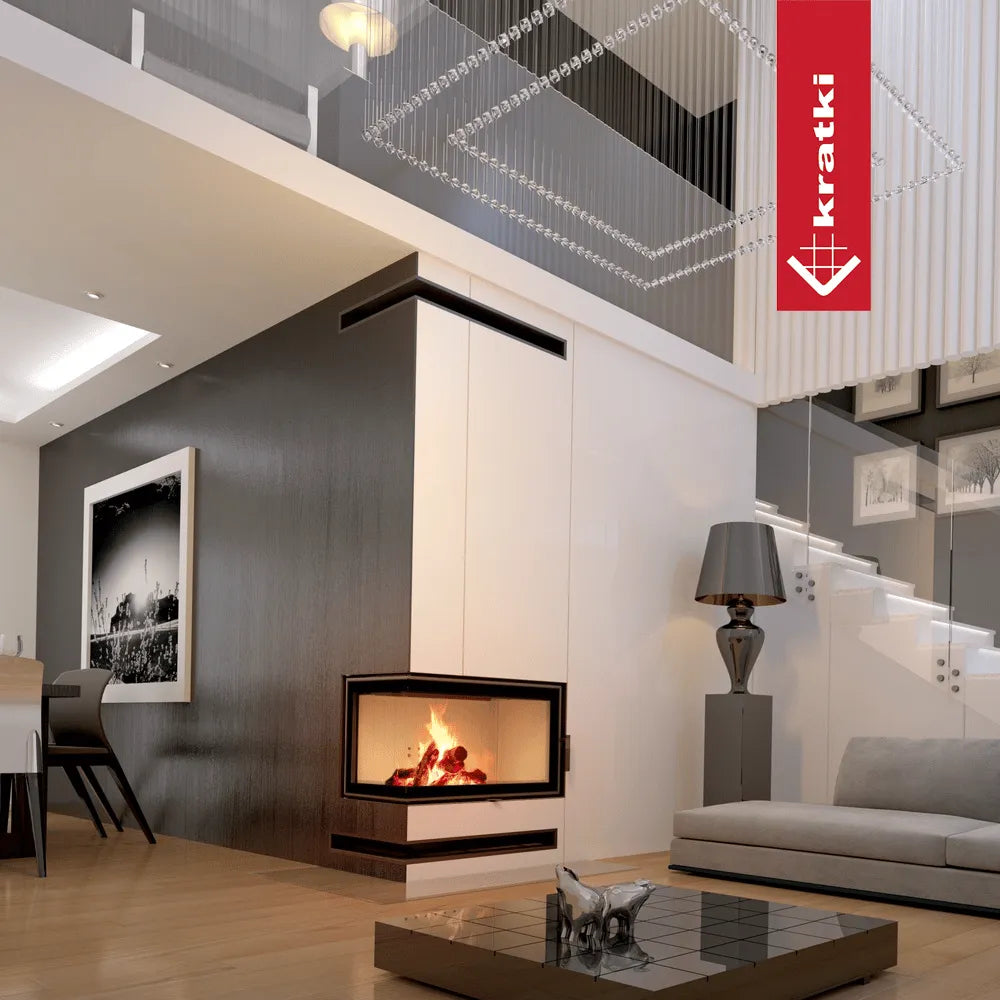 Moderne woonkamer met Kratki MBO Links haard, strakke inrichting en stijlvolle meubels.