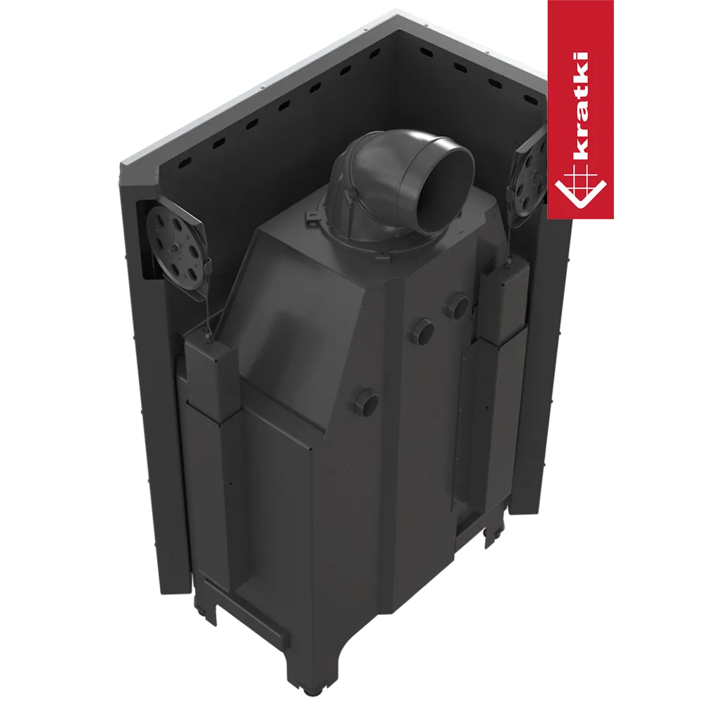 Kratki MBO Links, zwarte metalen haard met hoekontwerp en bovenste rookafvoer.