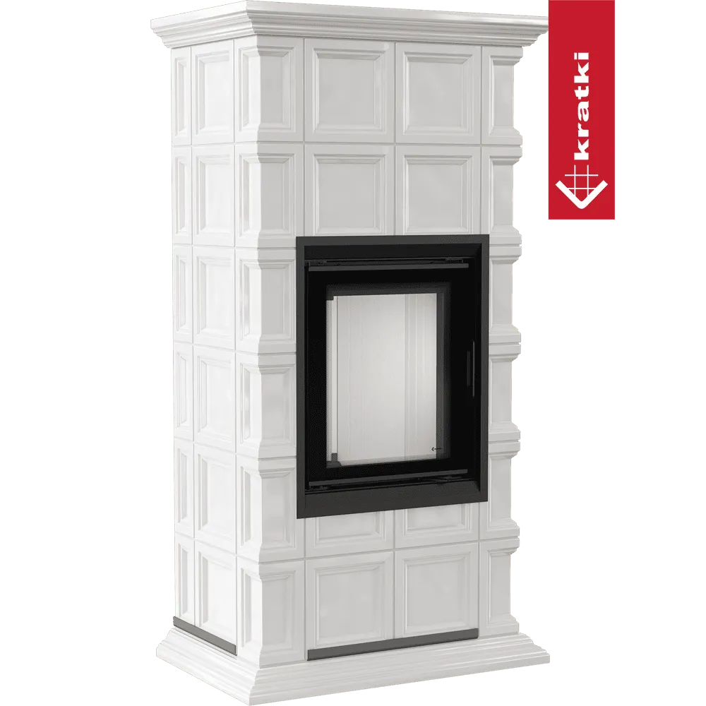 Witte, klassieke Kratki Nadia MILANO haard met zwart glazen deur en decoratieve panelen.