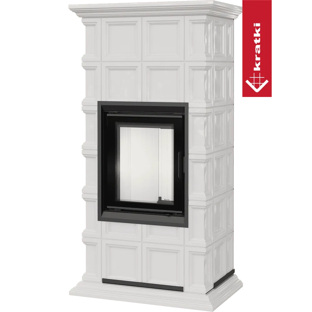 Witte, klassieke haard Kratki Nadia MILANO met zwart glazen deur en decoratieve panelen.