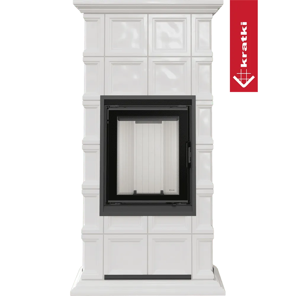 Witte Kratki Nadia MILANO haard met zwart frame en klassieke tegelafwerking.