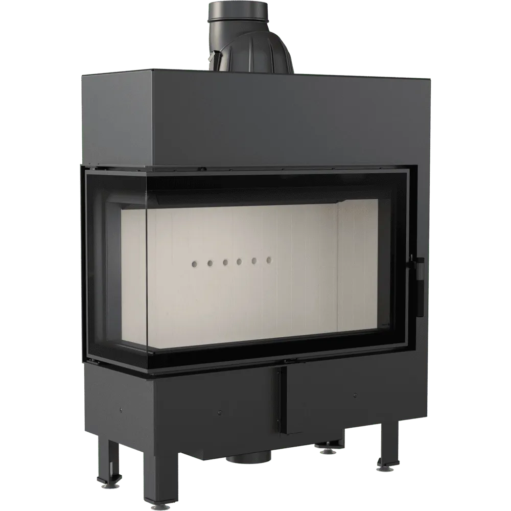 Kratki Lucy 14 kW Slim Links, moderne zwarte houtkachel met glazen deur en strakke lijnen.