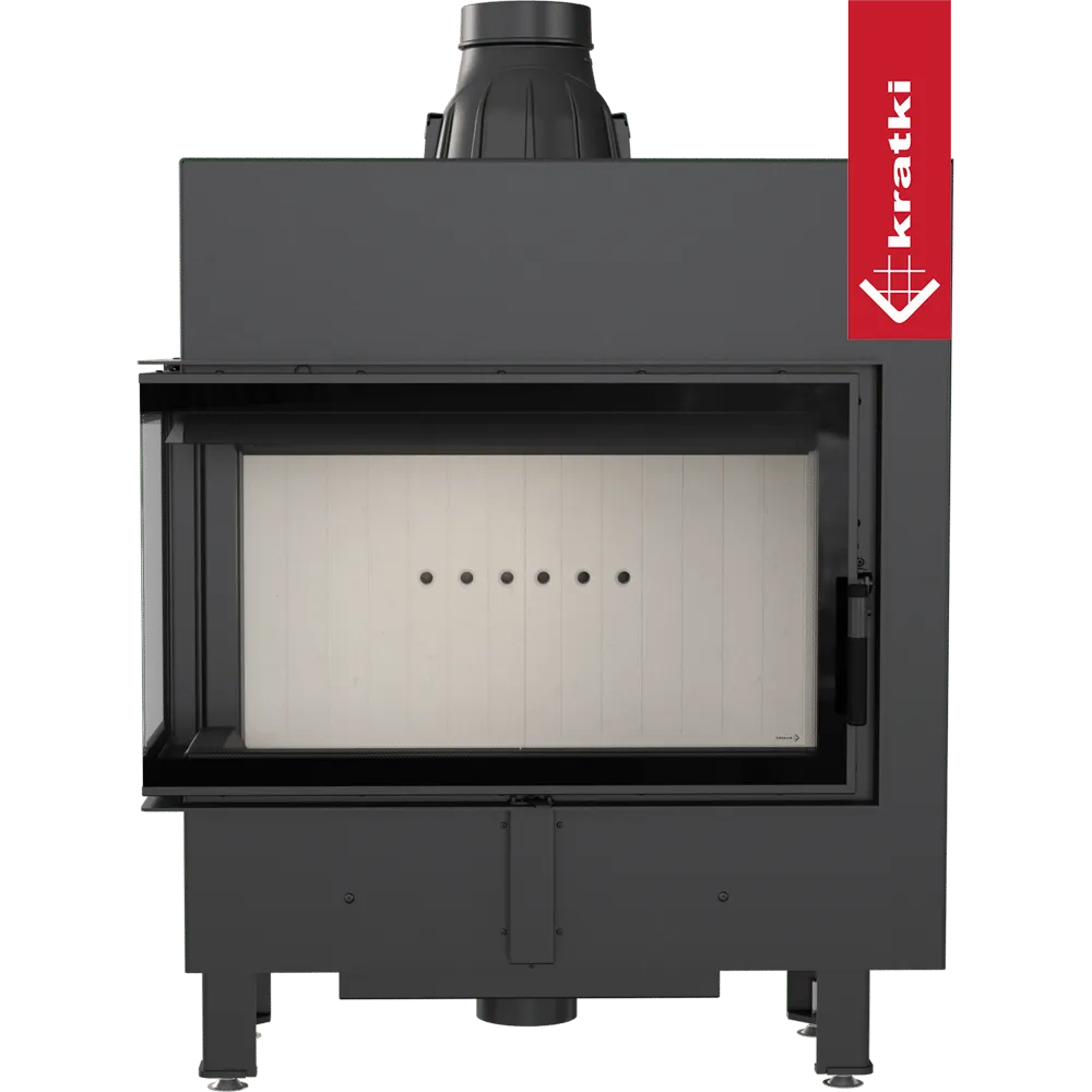 Kratki Lucy 14 kW Slim Links, moderne zwarte houtkachel met glazen deur en strak ontwerp.