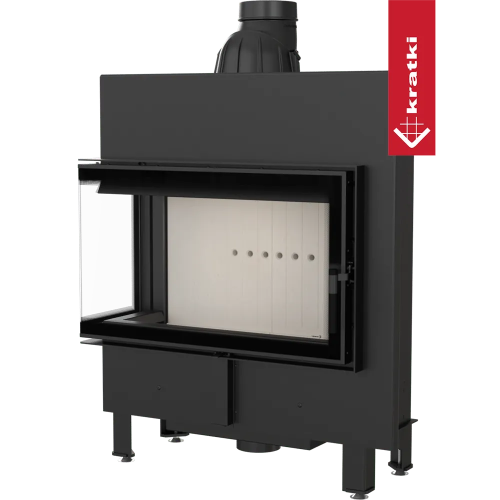 Kratki Lucy 14 kW Slim Links, moderne inbouwhaard met glazen zijpaneel en strak zwart ontwerp.