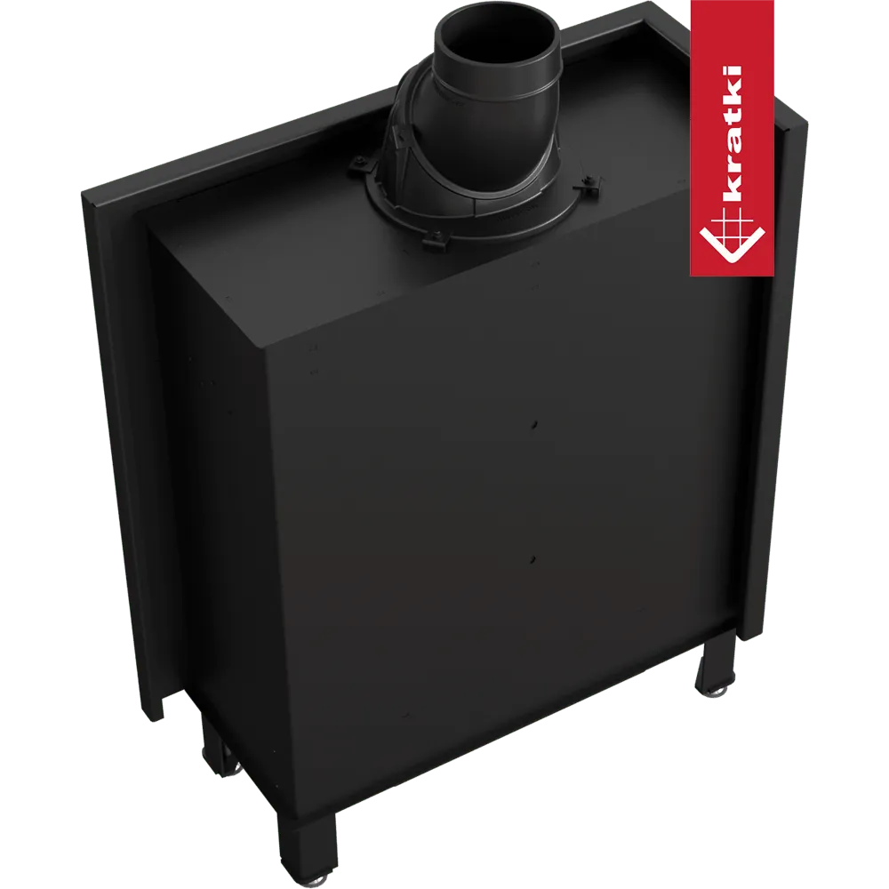 Kratki Lucy 14 kW Slim Links, zwarte rechthoekige houtkachel met bovenste rookafvoer.