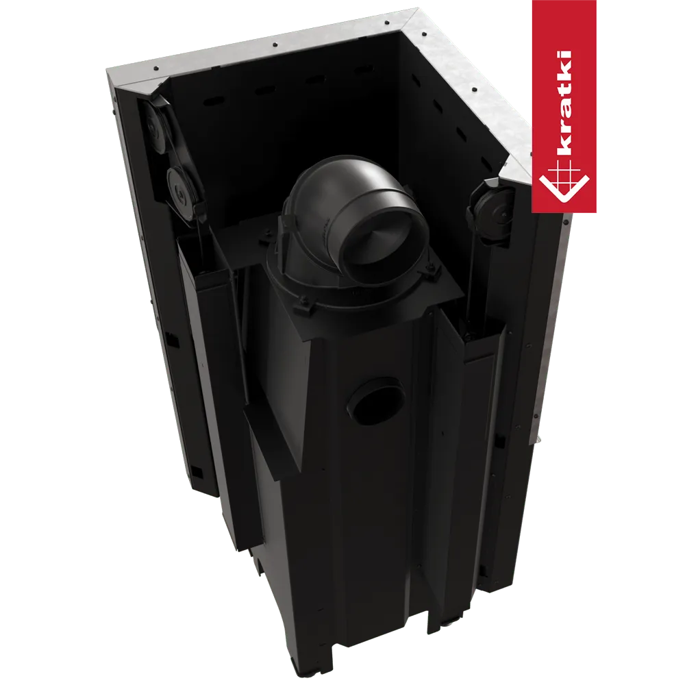 Kratki VNL 480/480, zwarte metalen haard met buisvormige uitlaat en merklogo aan de zijkant.