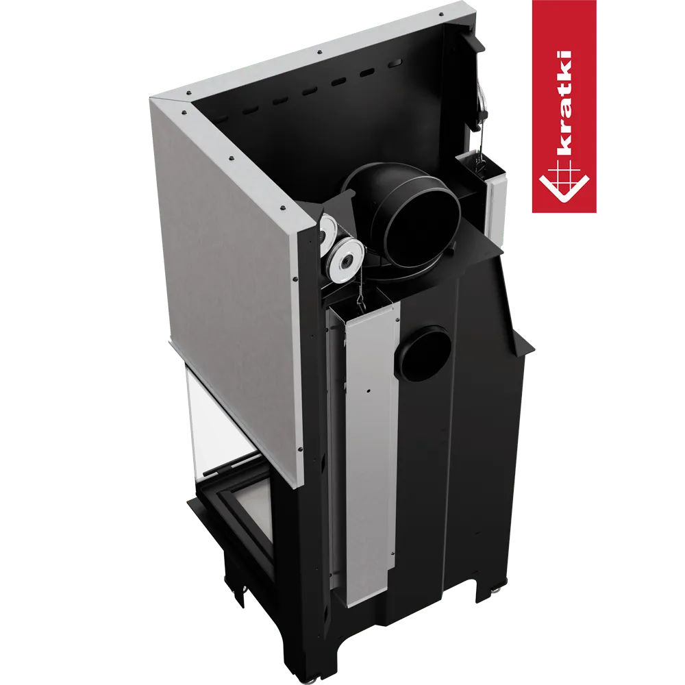 Kratki VNP 700/480 houtkachel met moderne, zwarte en zilveren afwerking en Kratki-logo.