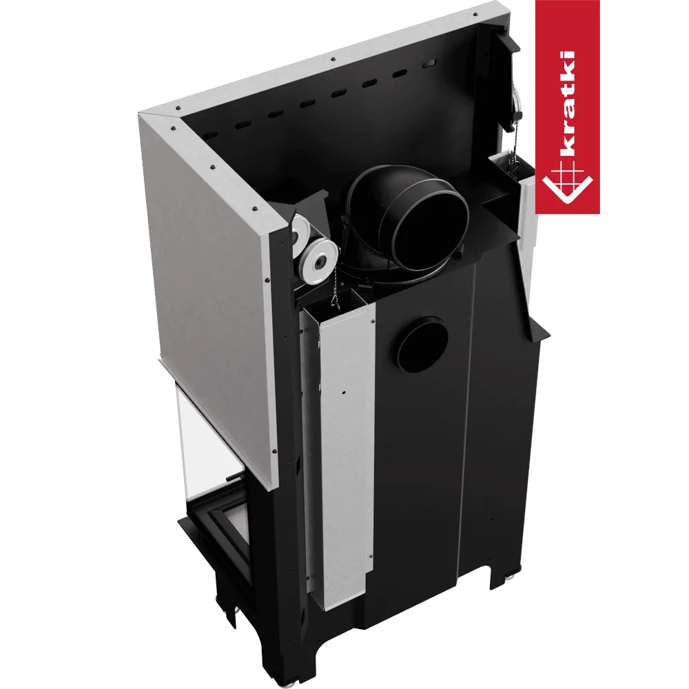 Kratki VNP 810/410 houtkachel met metalen behuizing en rookafvoer, merklogo aan de zijkant.