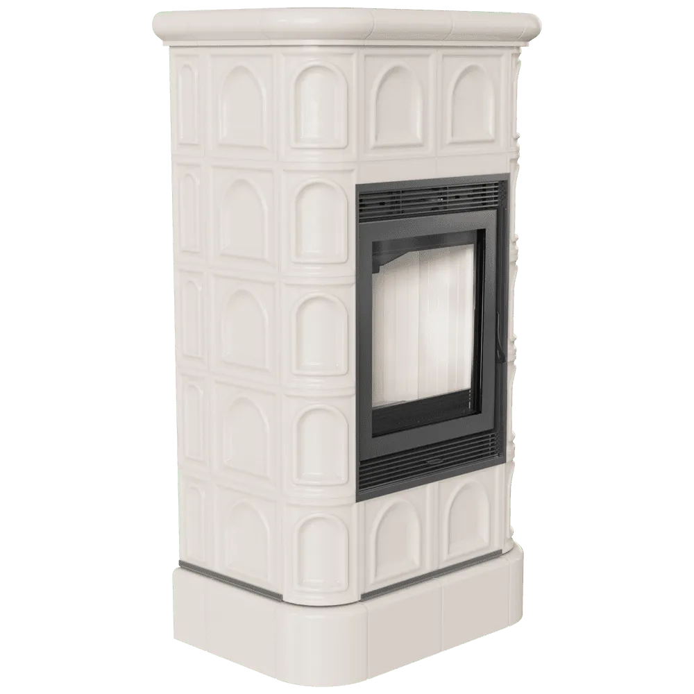 Kratki Blanka, witte keramische kachel met zwart glazen deur en decoratieve tegels.