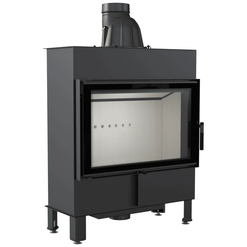 Zwarte Kratki Lucy 14 kW Slim houtkachel met glazen deur en moderne uitstraling.