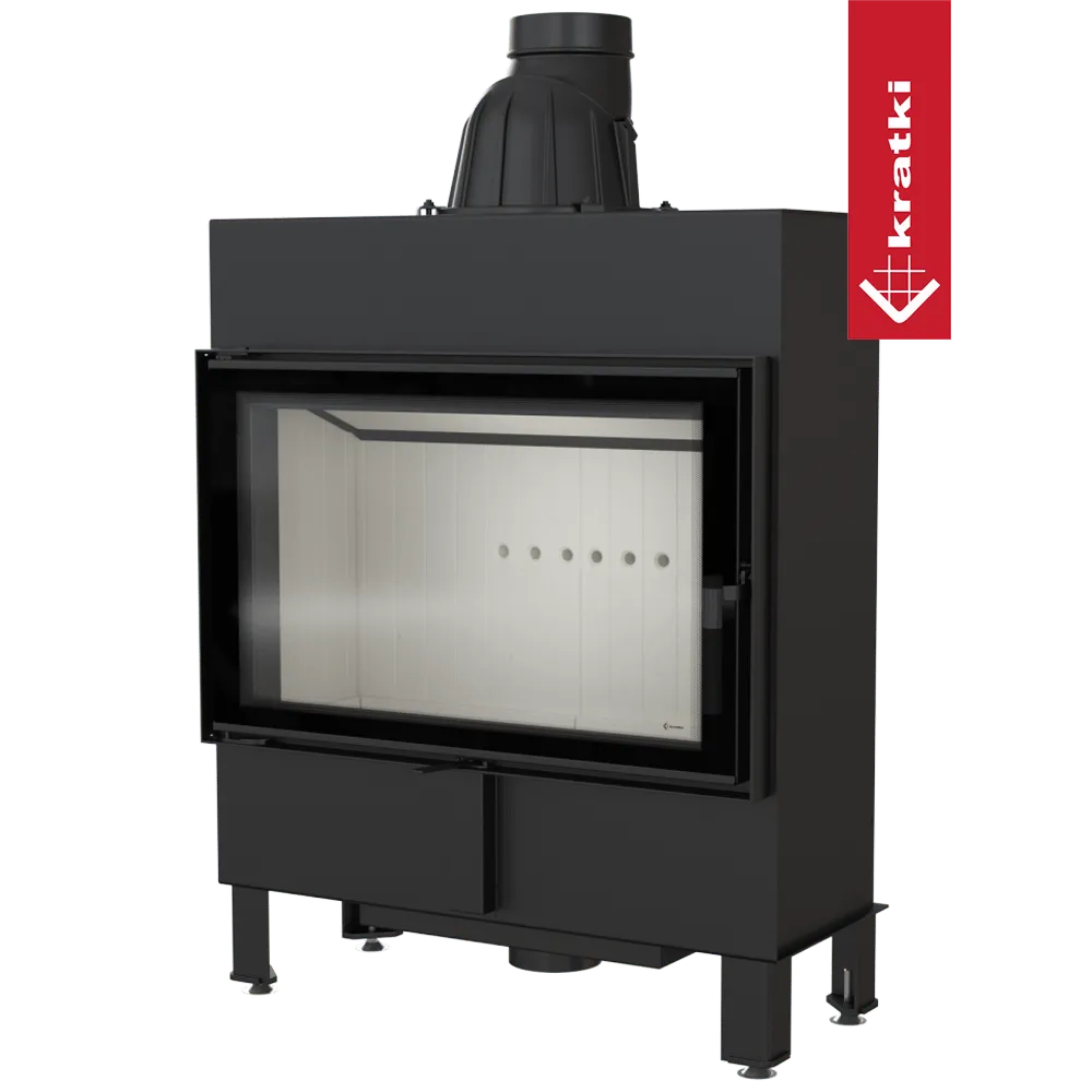Kratki Lucy 14 kW Slim, moderne zwarte houtkachel met glazen deur en strak ontwerp.