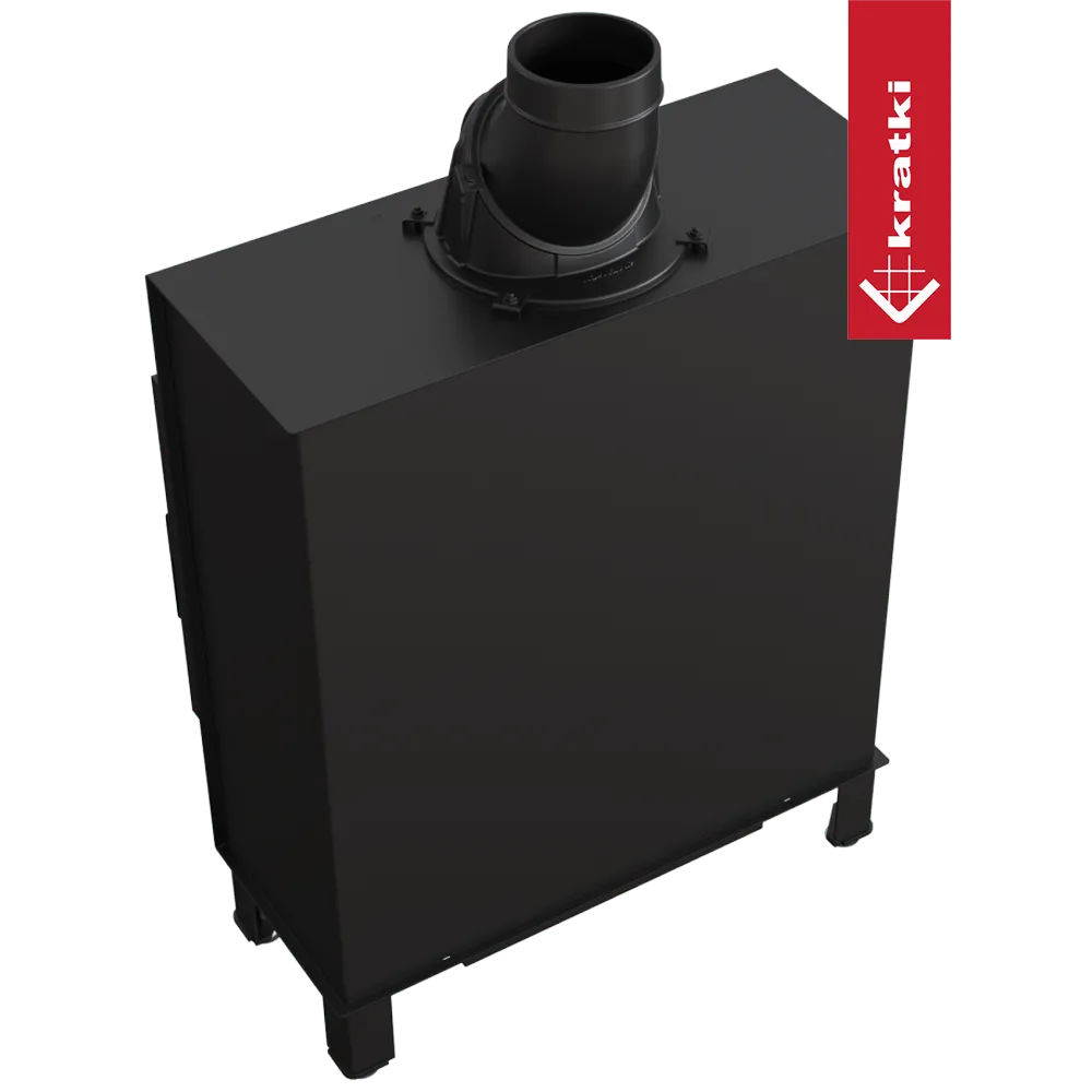 Zwarte Kratki Lucy 14 kW Slim houtkachel met bovenafvoer en strak, modern ontwerp.
