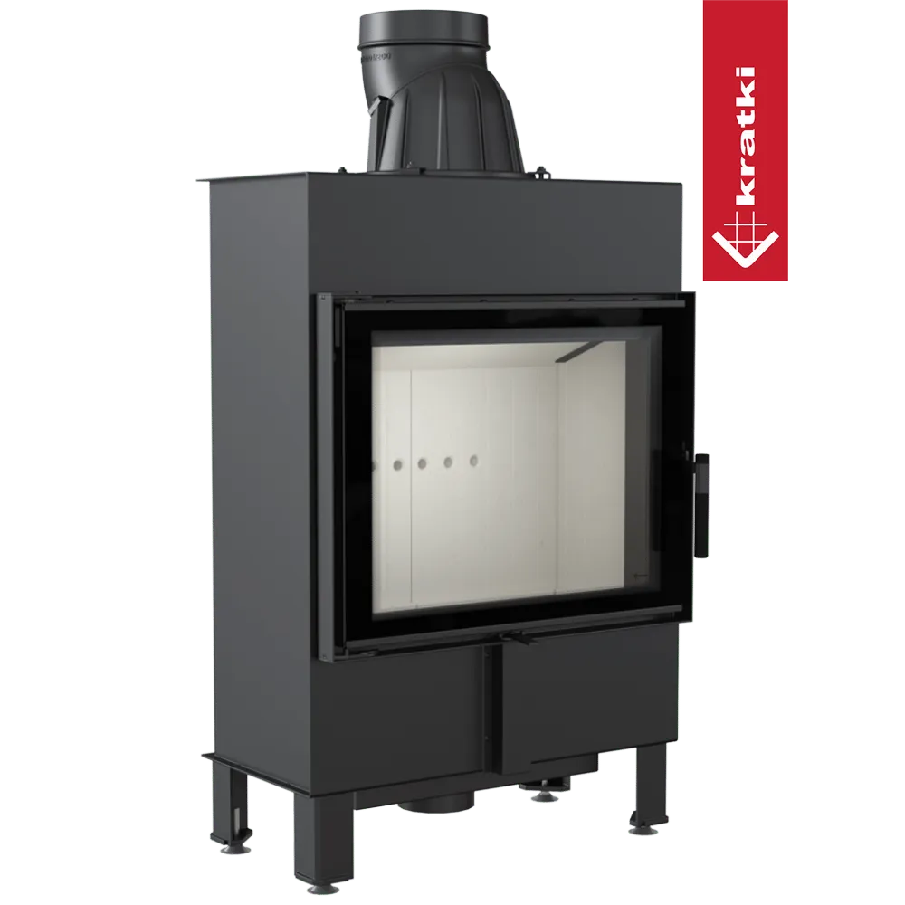 Zwarte houtkachel Kratki Lucy 12 kW Slim met glazen deur en moderne uitstraling.