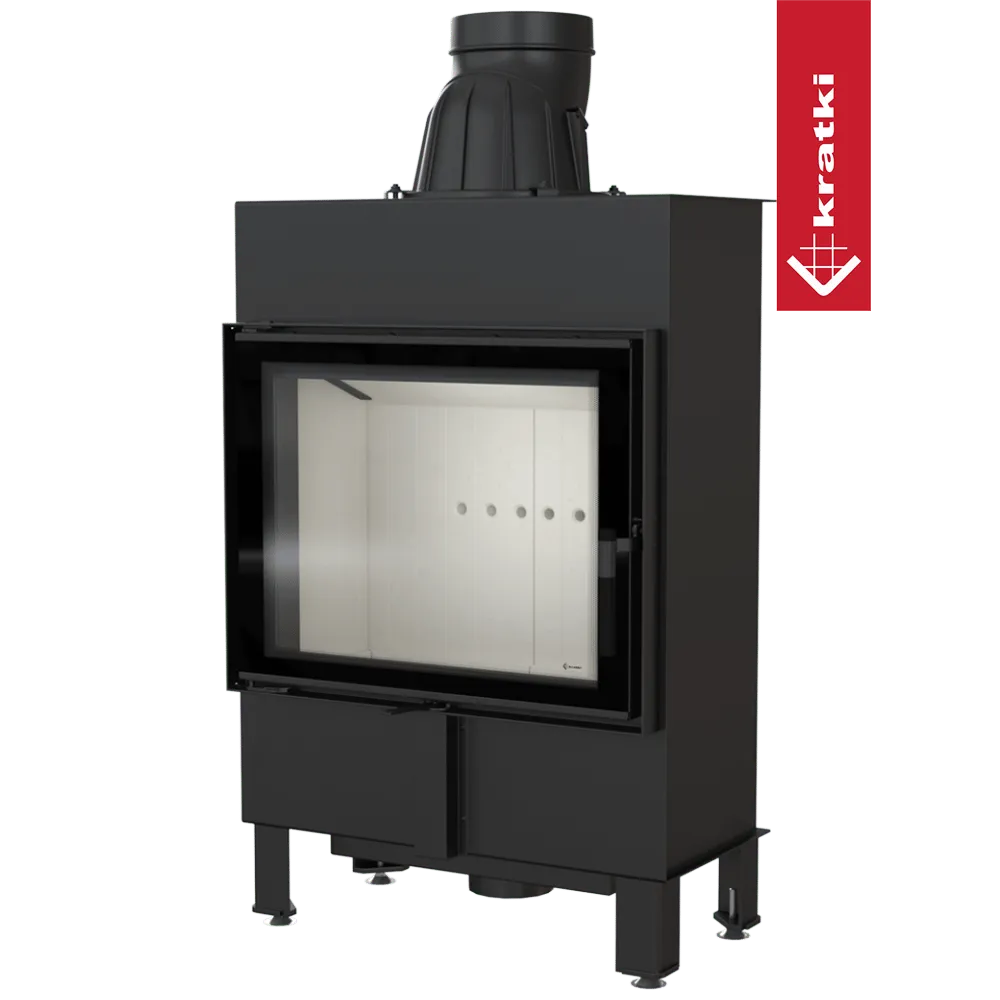 Kratki Lucy 12 kW Slim, moderne zwarte houtkachel met glazen deur en bovenste rookafvoer.