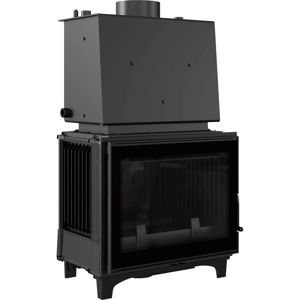 Zwarte Kratki Franek CV 12 kW houtkachel met glazen deur en metalen behuizing.