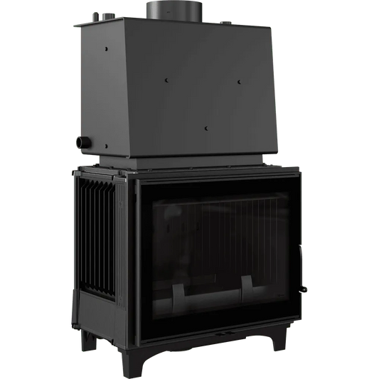 Zwarte Kratki Franek CV 12 kW houtkachel met glazen deur en metalen behuizing.