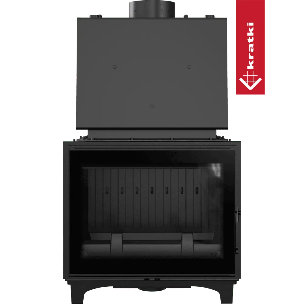 Kratki Franek CV 12 kW houtkachel met glazen deur en zwart metalen behuizing.