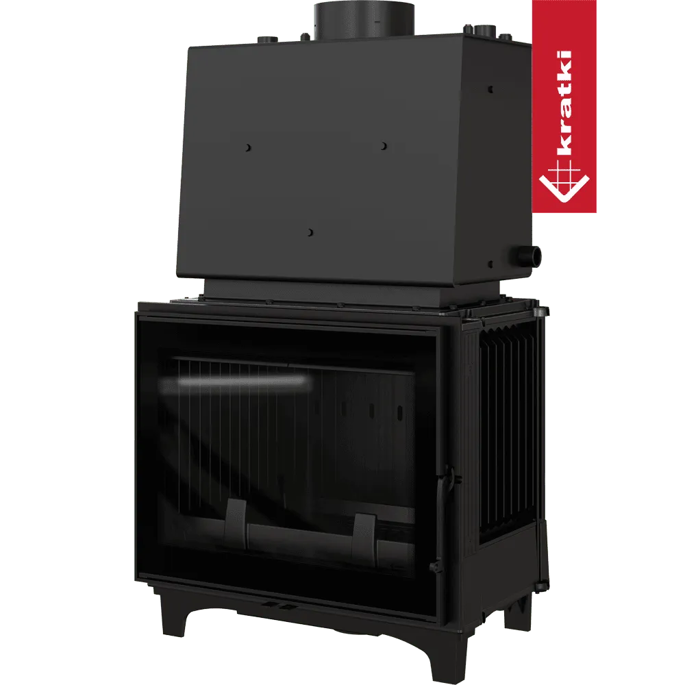 Zwarte Kratki Franek CV 12 kW houtkachel met glazen deur en bovenste rookafvoer.