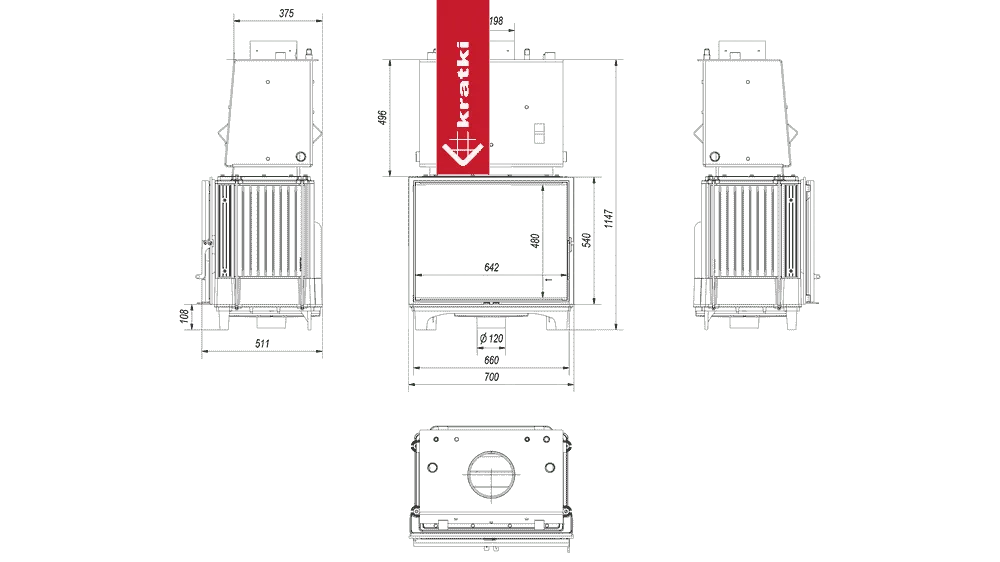 Technische tekening van Kratki Franek CV 12 kW met afmetingen en specificaties.