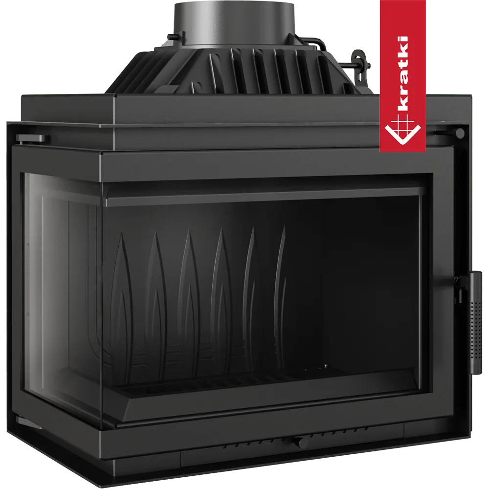 Kratki Simple M 10 kW Links, moderne zwarte houtkachel met glazen zijpaneel en strak ontwerp.