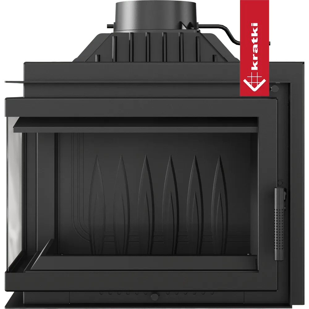 Kratki Simple M 10 kW Links, moderne zwarte houtkachel met glazen deur en strak ontwerp.