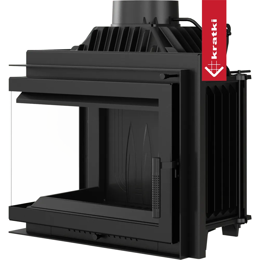 Kratki Simple M 10 kW Links, moderne zwarte houtkachel met glazen zijpaneel en strak ontwerp.