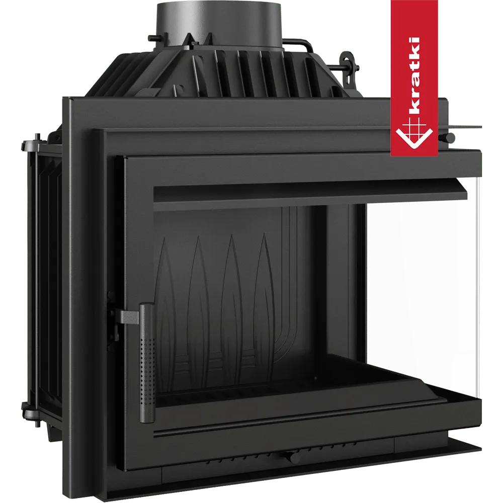 Kratki Simple M 10 kW Rechts, moderne zwarte houtkachel met glazen zijpaneel en robuust ontwerp.