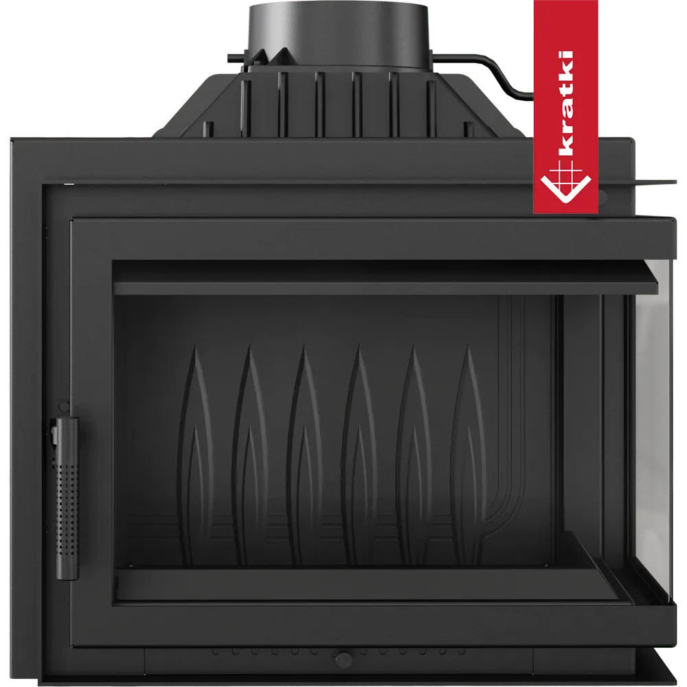 Kratki Simple M 10 kW Rechts, zwarte houtkachel met glazen deur en modern ontwerp.