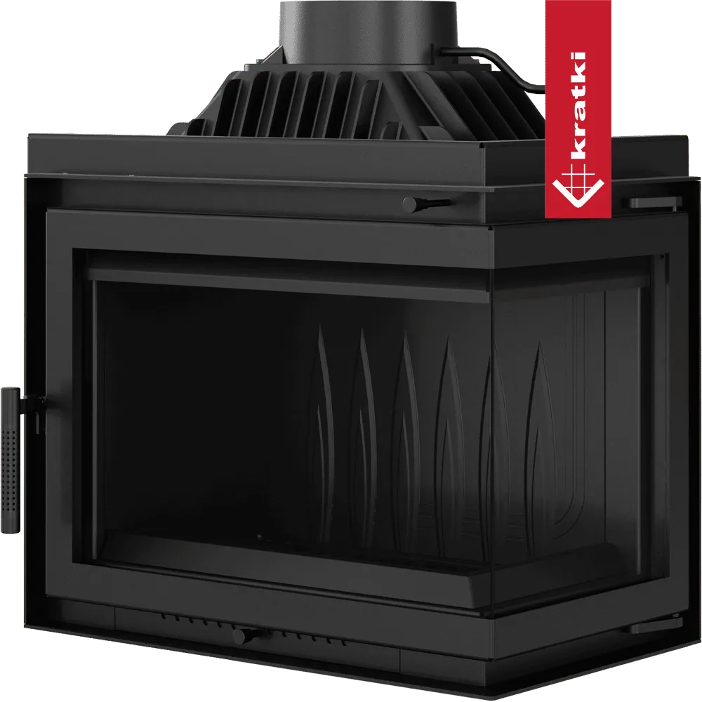 Kratki Simple M 10 kW Rechts, moderne zwarte houtkachel met glazen zijpaneel en bovenste rookafvoer.
