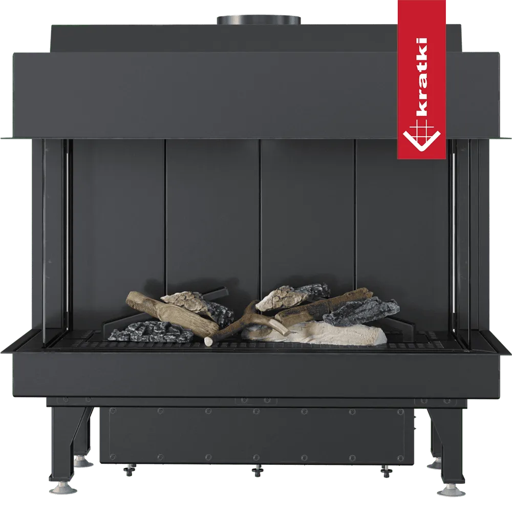 Kratki Leo 70 Links & Rechts haard met glazen zijpanelen en decoratieve houtblokken.