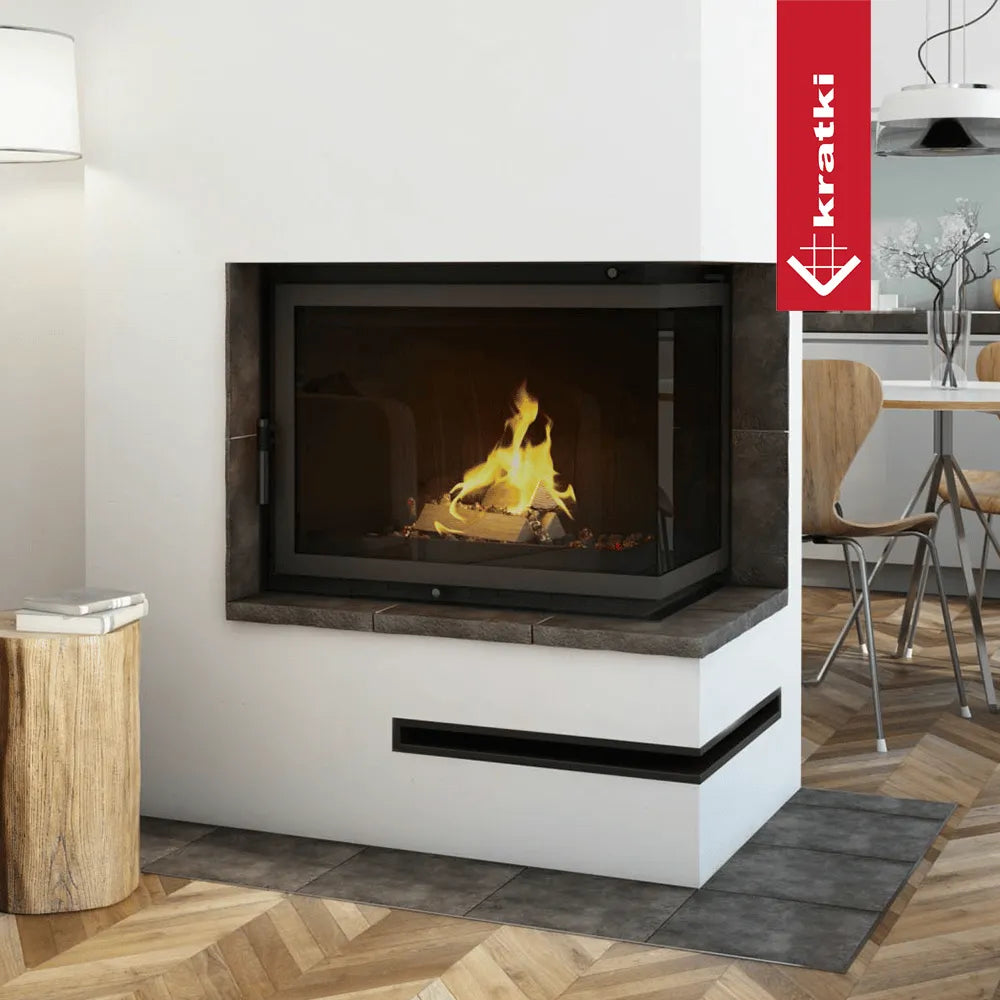 Kratki Amelia open haard in moderne woonkamer met houten vloer en stijlvolle meubels.