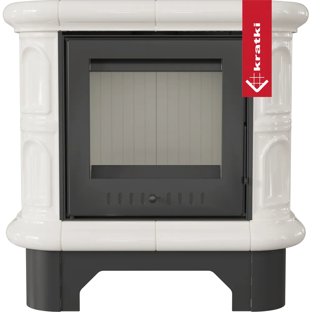 Kratki WK440 houtkachel met witte keramische ombouw en zwart metalen deur.
