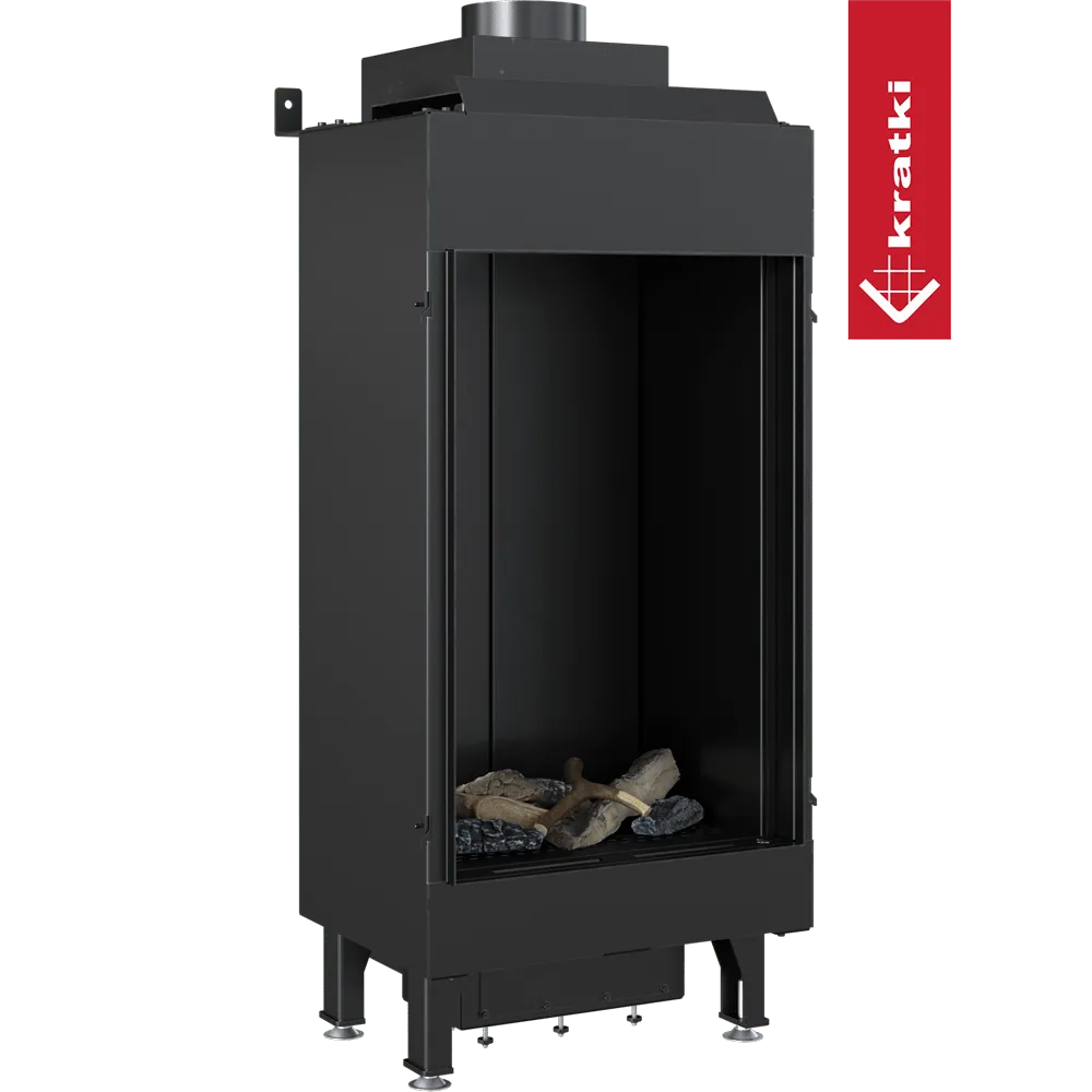 Zwarte Kratki Leo 45/68 gashaard met glazen voorkant en decoratieve houtblokken binnenin.