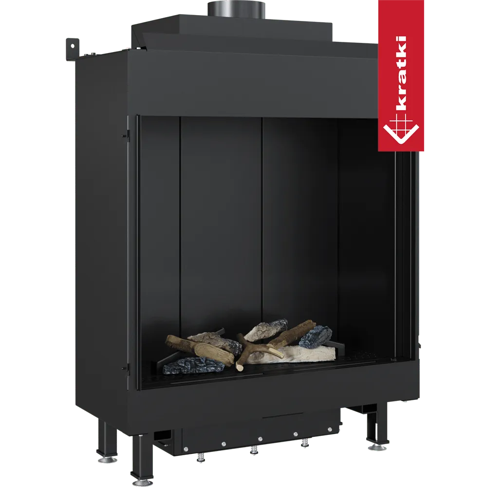 Kratki Leo 76/62 moderne inbouwhaard met glazen voorkant en decoratieve houtblokken.