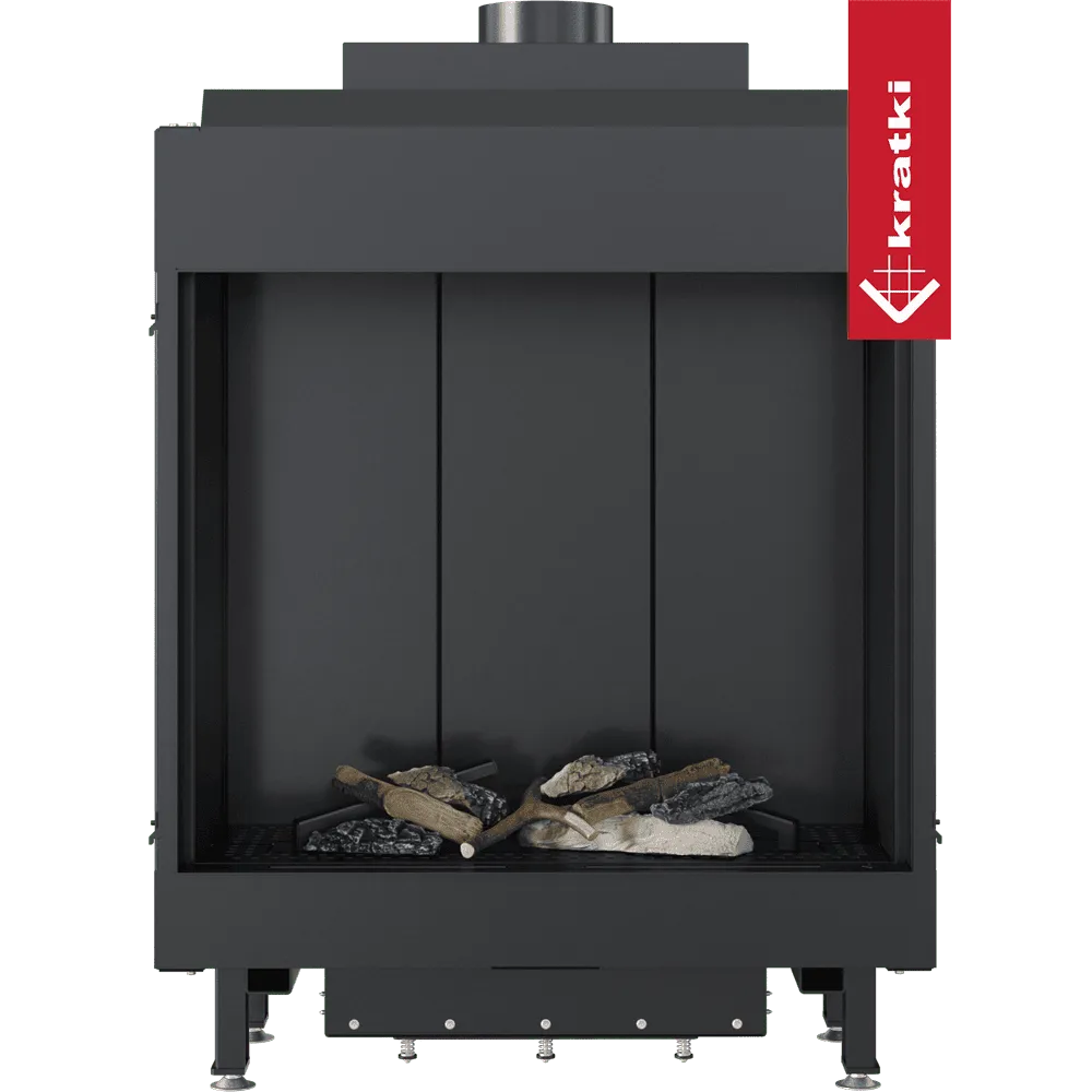 Zwarte Kratki Leo 76/62 gashaard met decoratieve houtblokken en rode Kratki merklabel.