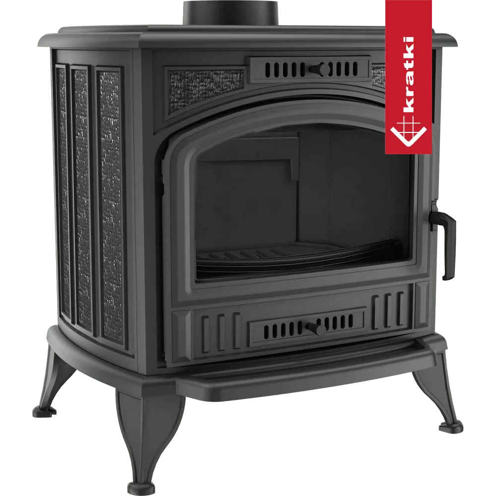 Zwarte houtkachel Kratki K6 CV met glazen deur en decoratieve zijpanelen.