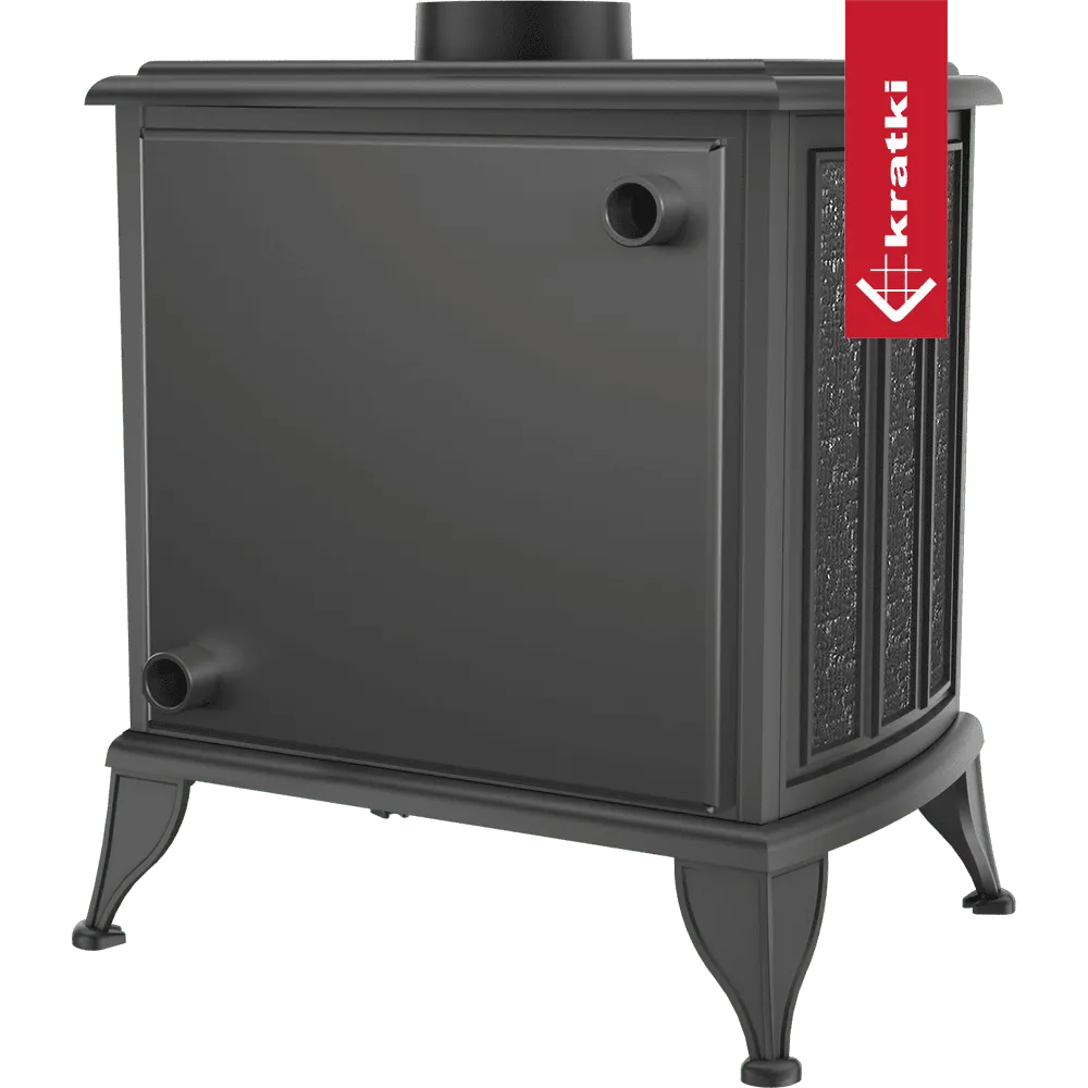 Zwarte houtkachel Kratki K6 CV met klassieke poten en decoratieve zijkanten.