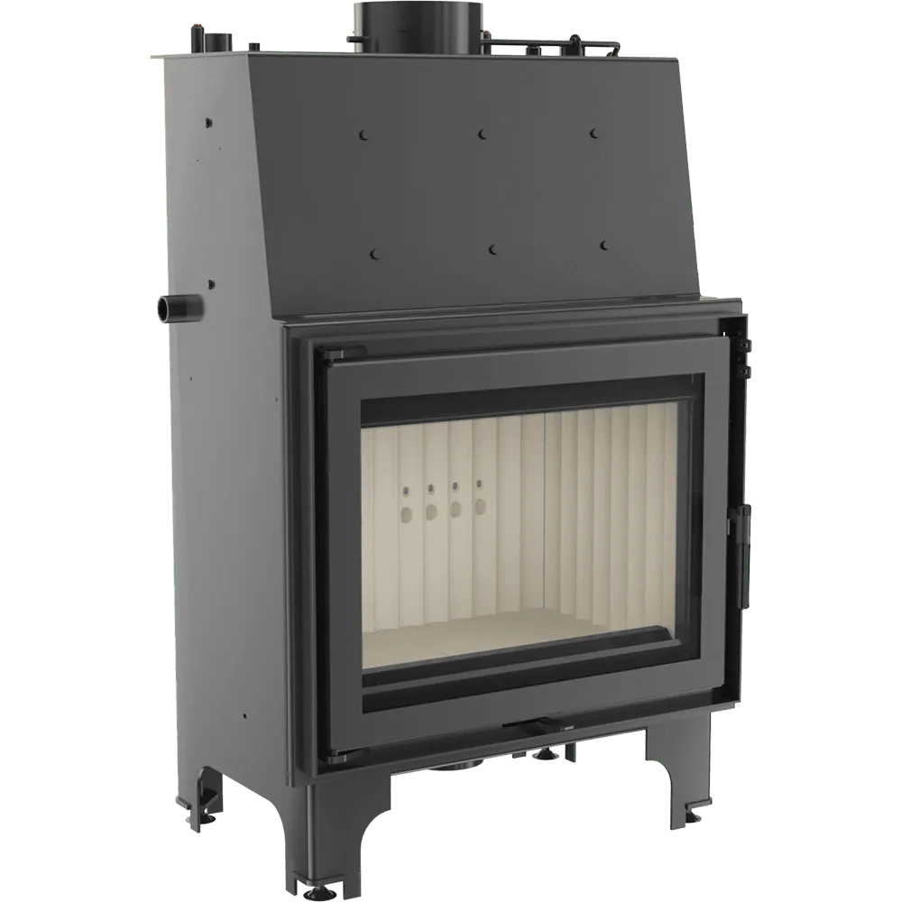 Kratki Aquario A 14 kW houtkachel met glazen deur en zwart metalen behuizing.