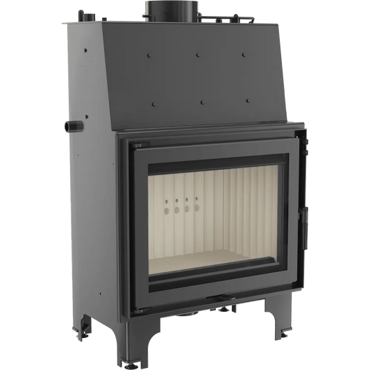 Kratki Aquario A 14 kW houtkachel met glazen deur en zwart metalen behuizing.