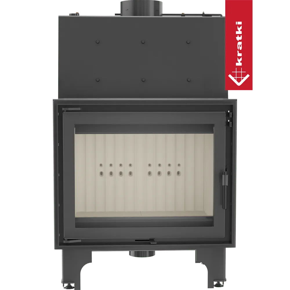 Kratki Aquario A 14 kW houtkachel met glazen deur en zwart metalen frame.