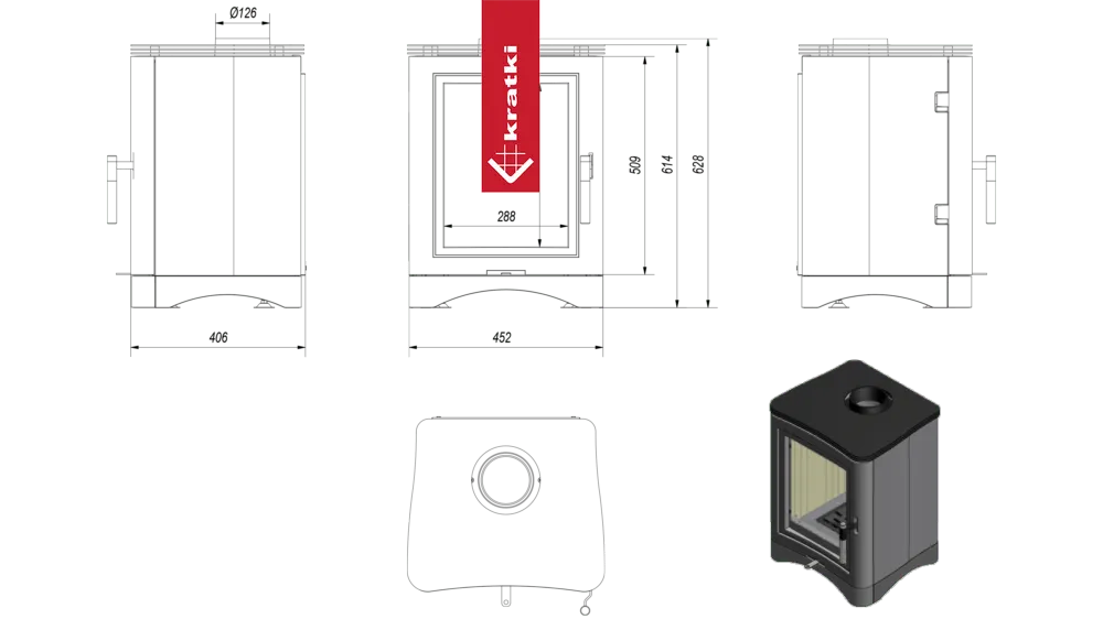 Technische tekening en afmetingen van de houtkachel Kratki K5 met zij- en bovenaanzicht.